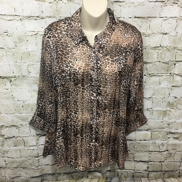 NWT New Directions Brown Cheetah Print Button Up - Picture 1 of 5